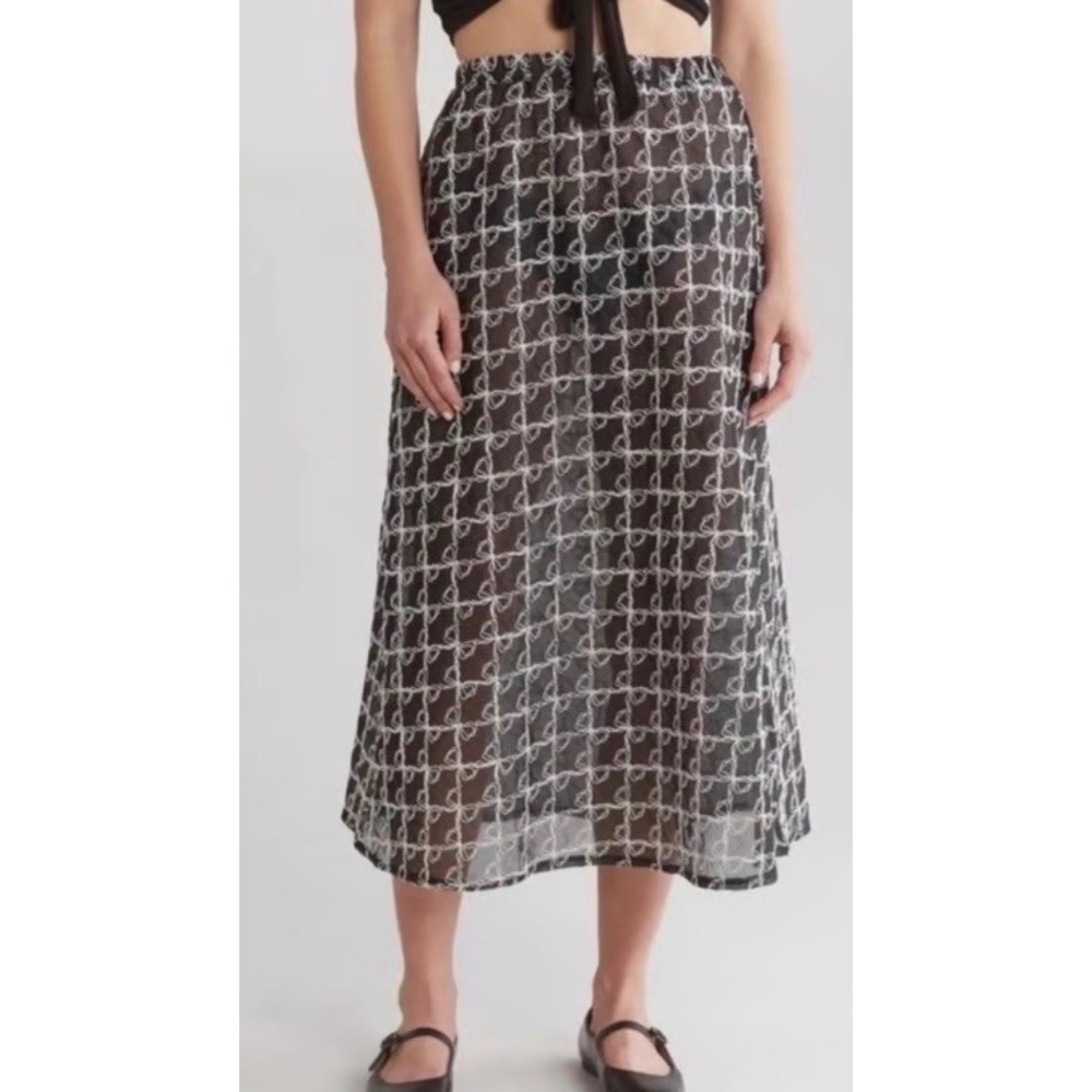 Lisa Says Gah Black Sheer Mesh Bow Midi Skirt ML Womens Elastic Waist